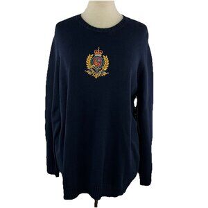 NOS Lauren Ralph Lauren Sz 1X  Navy Blue w/ Gold Crest Knit Crew Neck Sweater